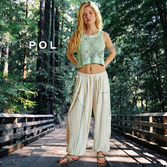 POL Boho Baby Pale Mint Crochet Loose Fit Semi Sheer Bodycon Crop Top - Picture 5 of 9
